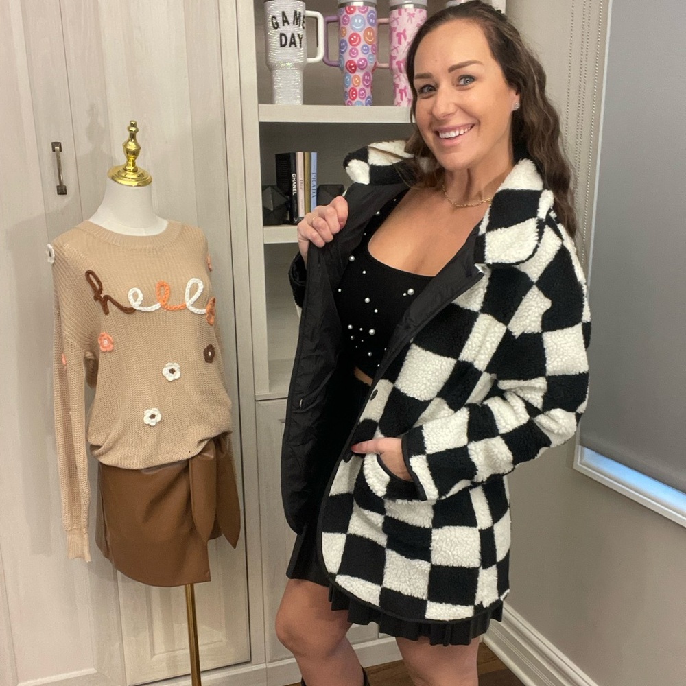 Black/White Checkered Sherpa Coat